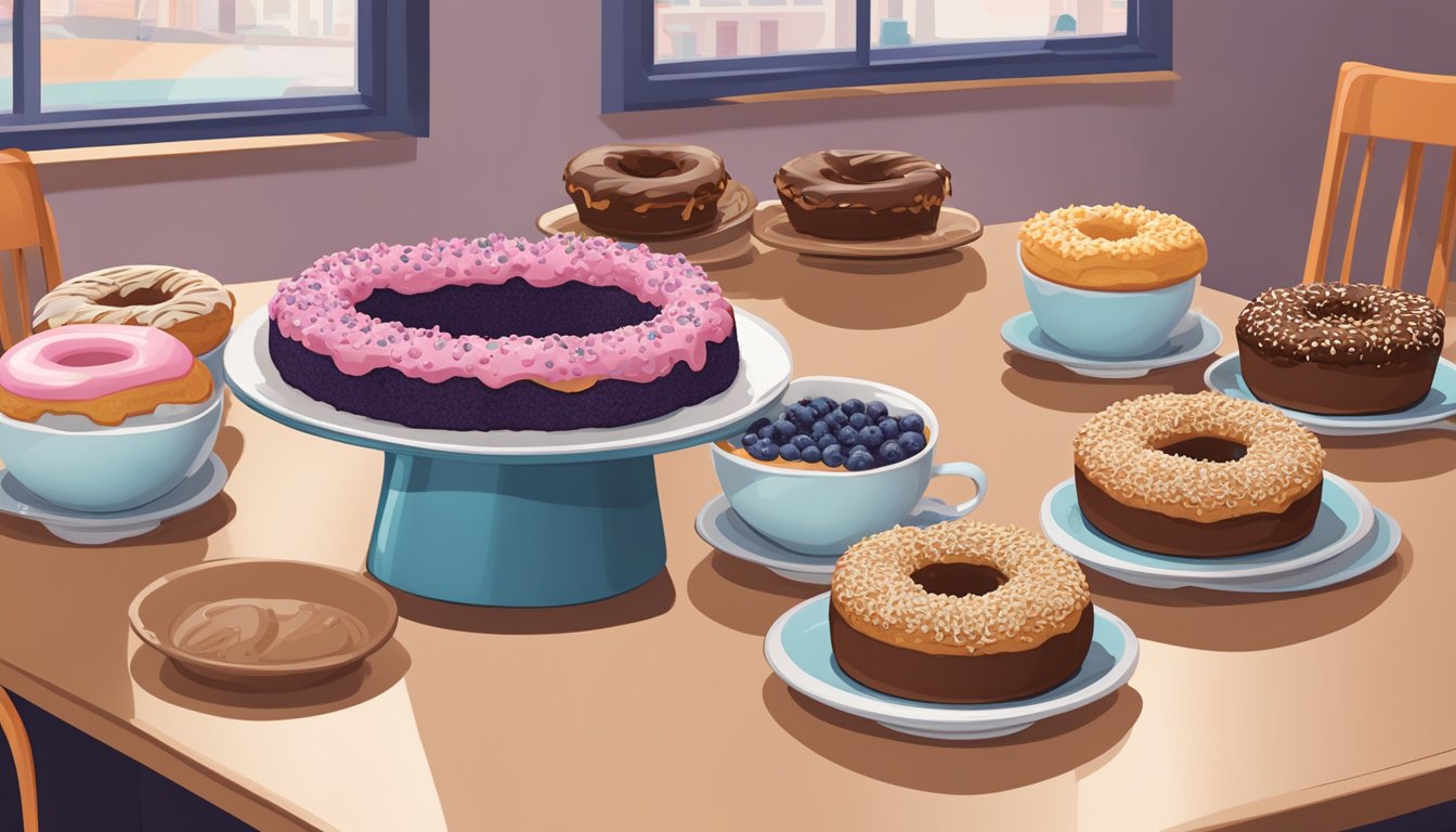 A table with 13 Dunkin' Doughnuts lined up, with a blueberry crumble cake in the center