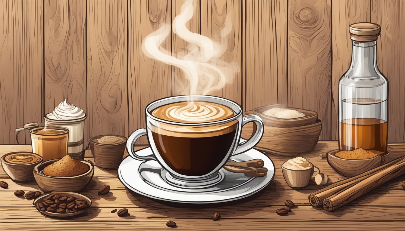 A steaming cup of coffee with a creamy swirl, surrounded by various add-ins like flavored syrups and spices on a rustic wooden table