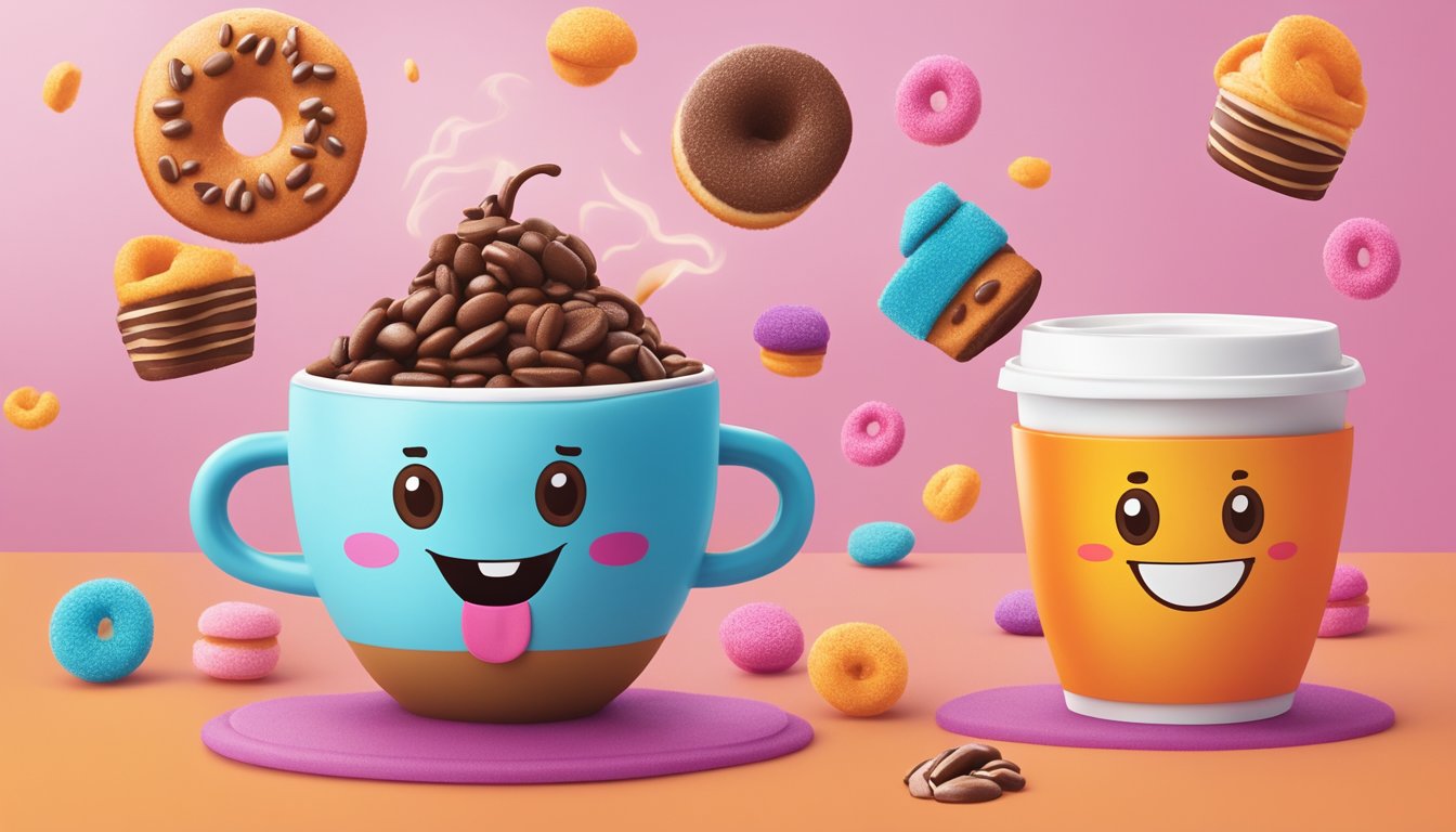 A cheerful coffee cup mascot, Cuppy, surrounded by 20 playful and colorful visual representations of fun facts about Dunkin'