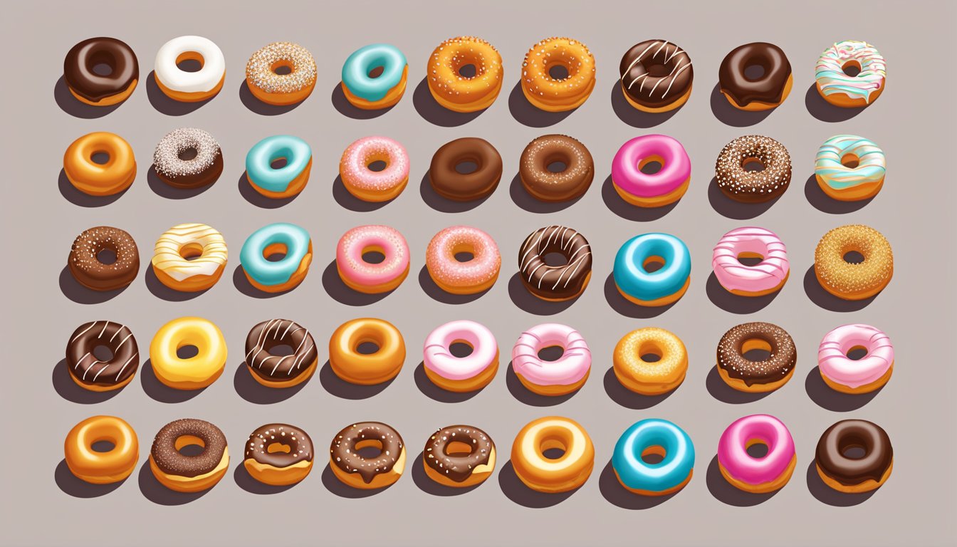 A colorful array of 13 Dunkin' Doughnuts, each with a different Boston Cream design, arranged in a ranking from worst to best