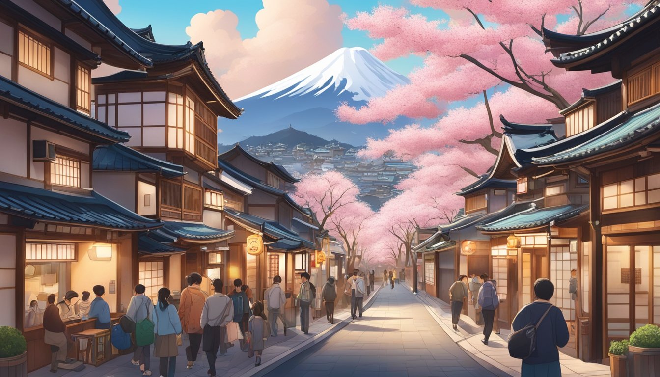 A bustling street in Japan, with traditional buildings and colorful signs, surrounded by cherry blossom trees in full bloom