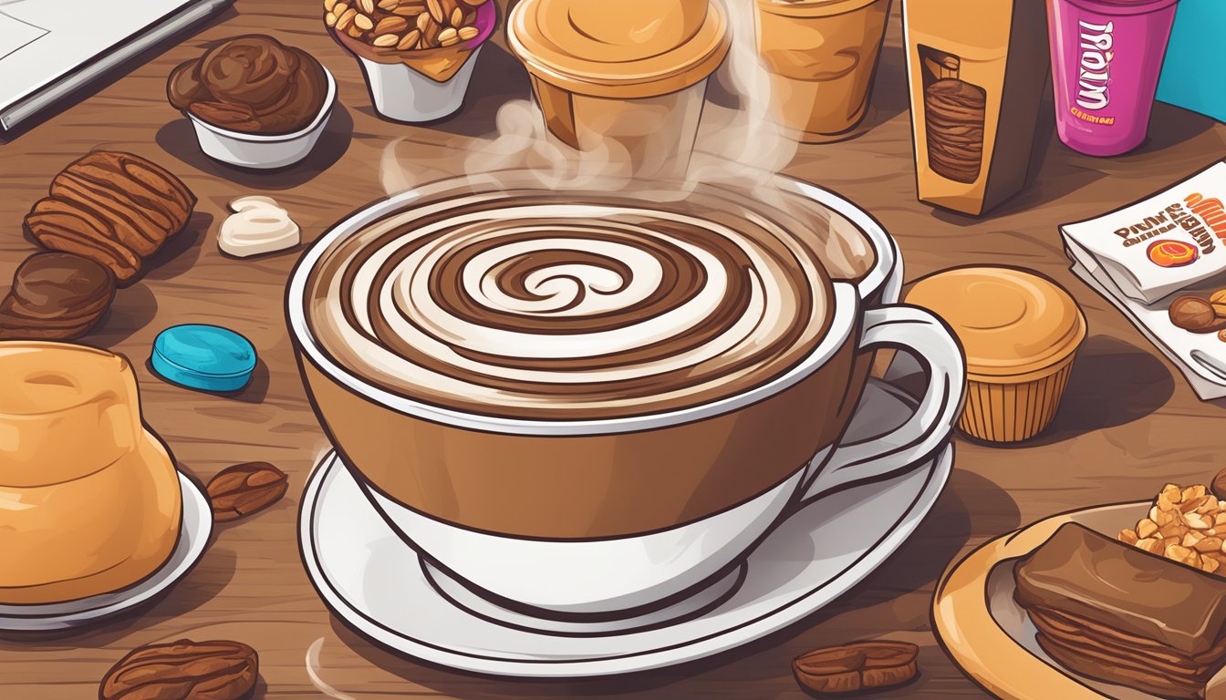 A steaming cup of Dunkin' coffee with a swirl of maple pecan add-in, surrounded by various other add-in options on a wooden table