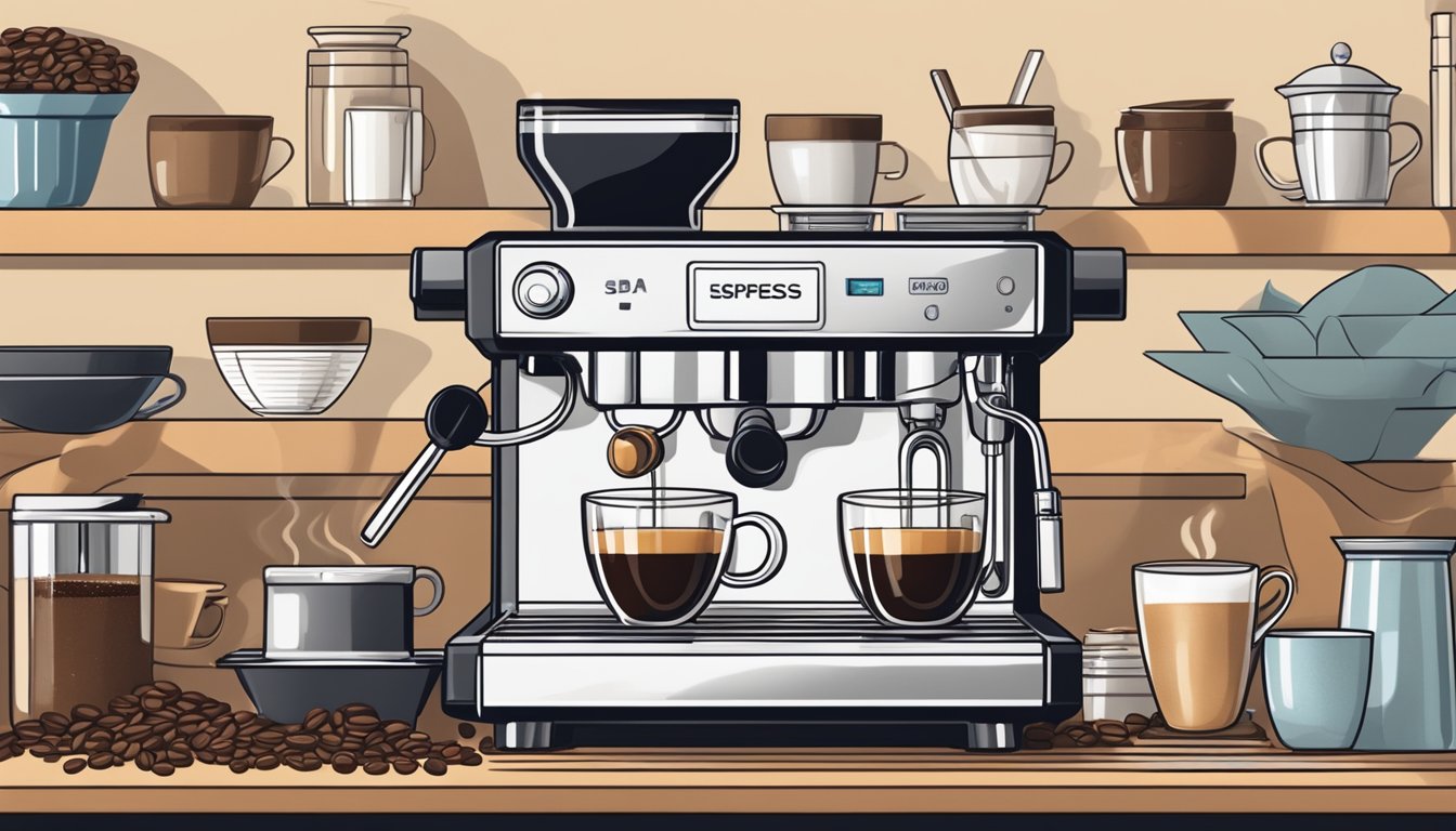 A barista preparing a steaming cup of espresso with a frothy layer on top, surrounded by various coffee beans and a sleek espresso machine