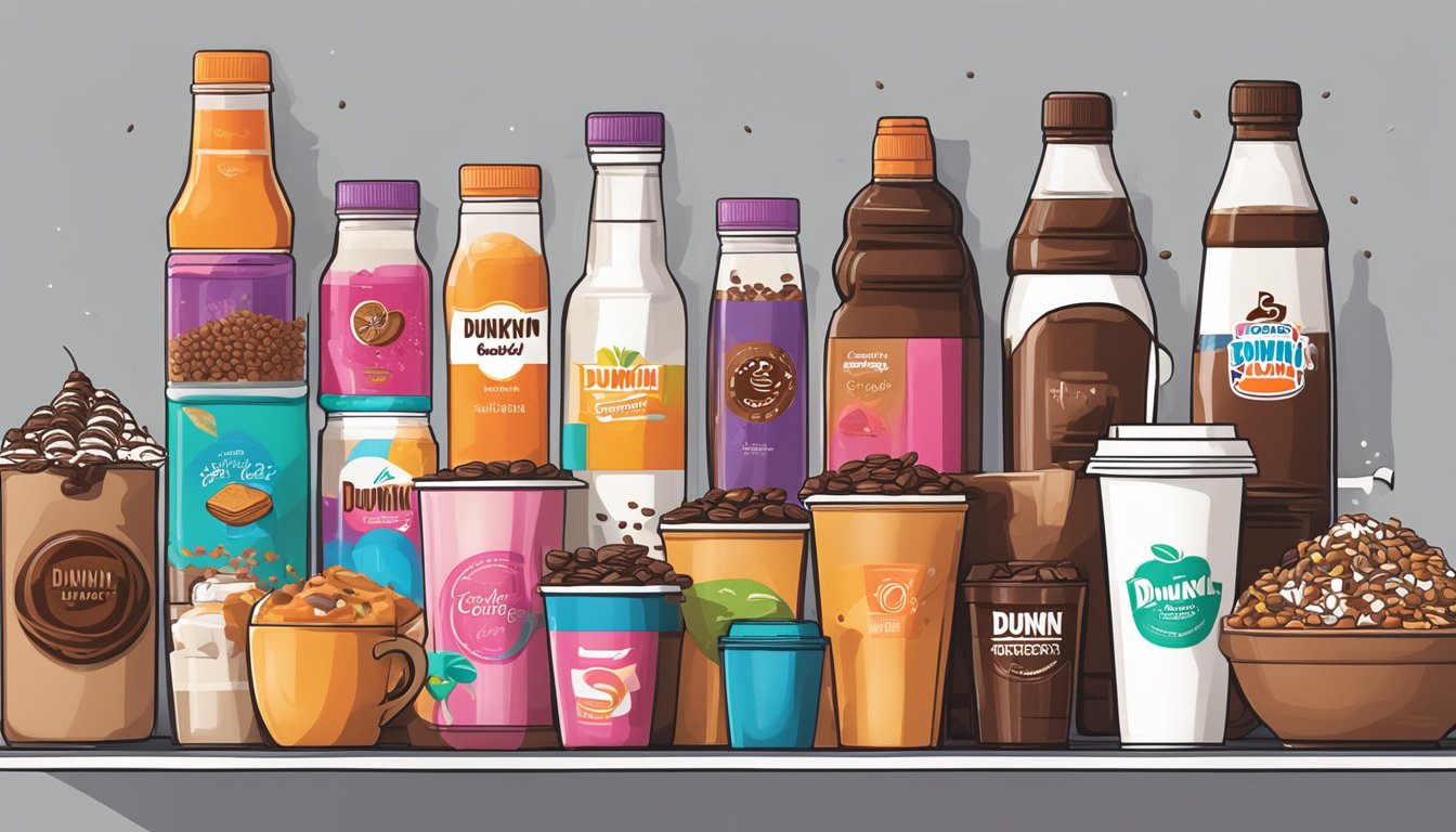 A colorful array of various coffee add-ins arranged on a table, including flavored syrups, spices, and toppings, with a Dunkin' Coffee logo in the background