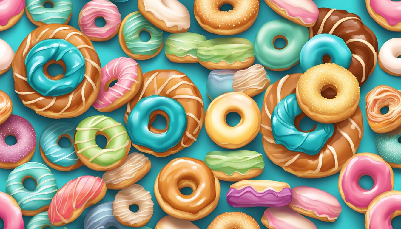 A colorful array of French cruller doughnuts arranged in a gradient from least to most favored, with varying toppings and glazes