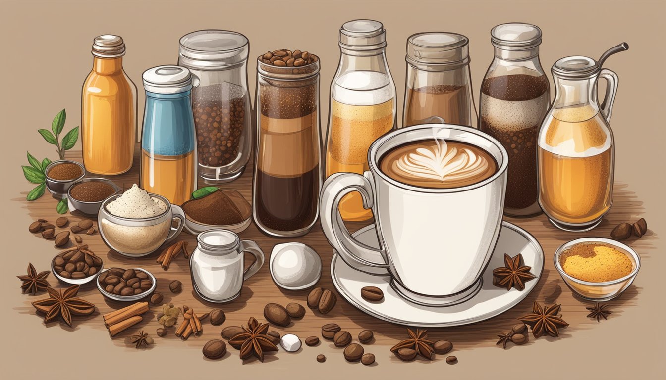 A steaming cup of coffee surrounded by various add-in options, such as flavored syrups, creamers, and spices, on a wooden table