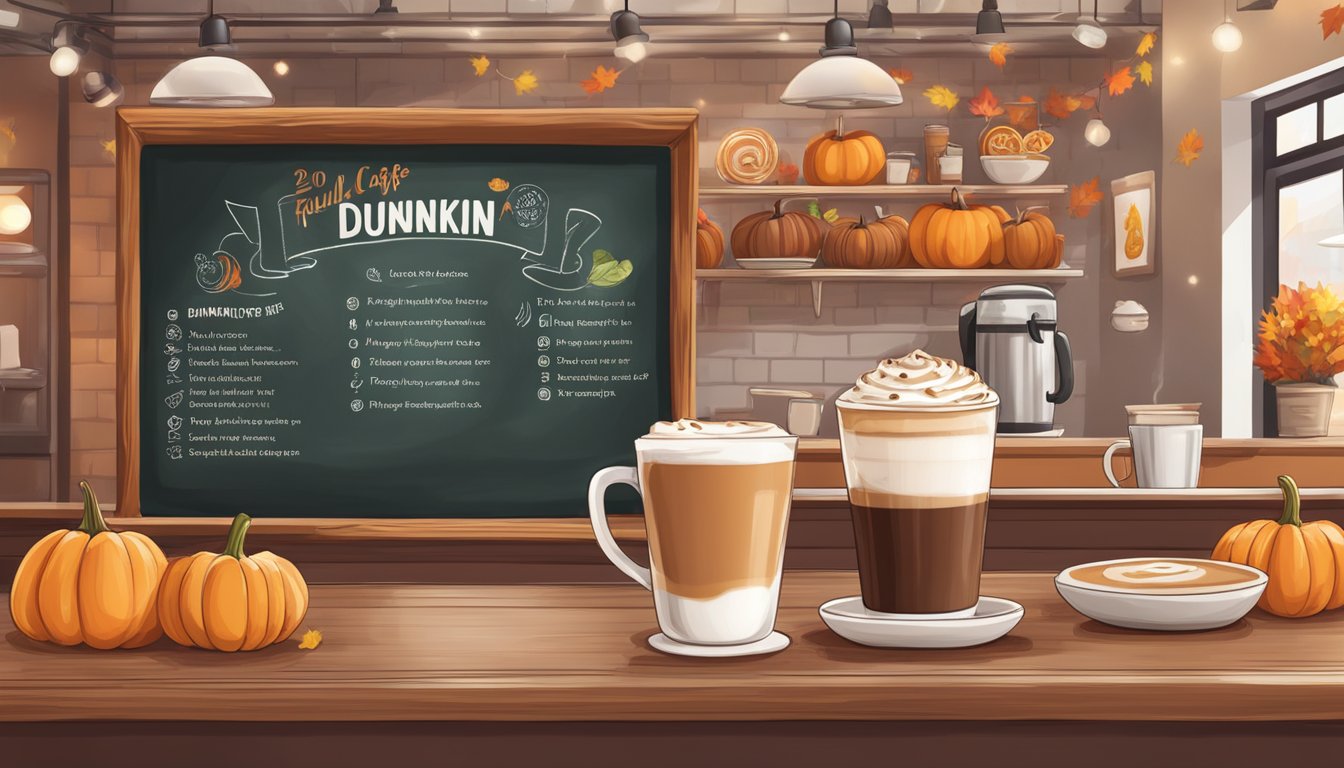 A cozy cafe with fall decorations, a steaming pumpkin spice latte, and a chalkboard listing 20 fun facts about Dunkin'