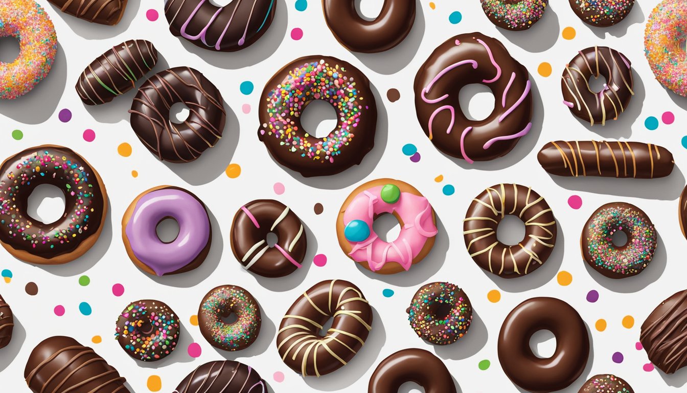 A display of 13 double chocolate Dunkin' Doughnuts, ranked from worst to best, with varying shades of chocolate glaze and sprinkles