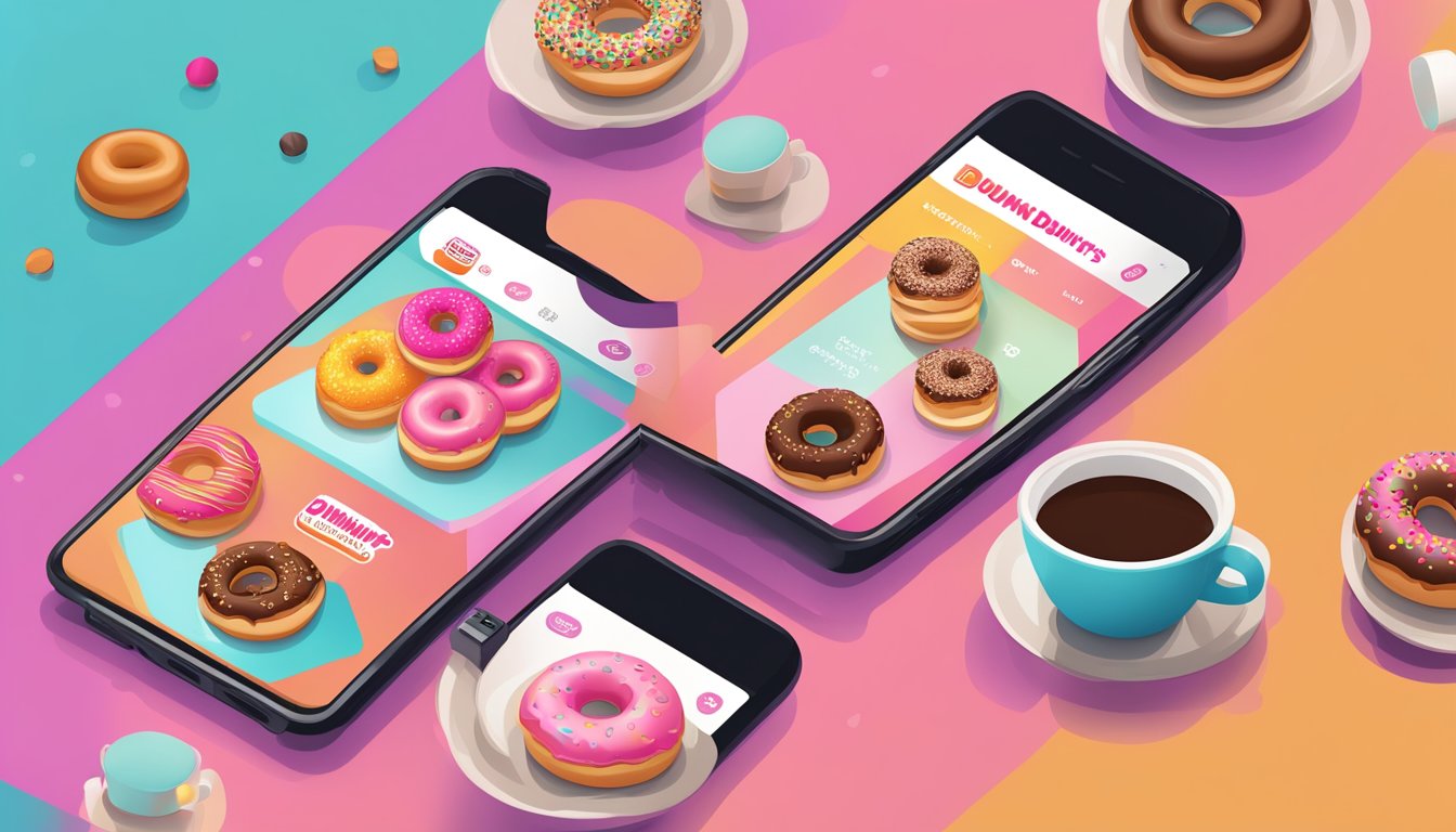 A smartphone displaying the Dunkin' Donuts app with a colorful background of coffee cups and donuts