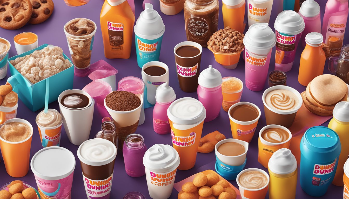 A colorful array of Dunkin' coffee add-ins arranged on a kitchen counter, including syrups, creamers, and flavor shots