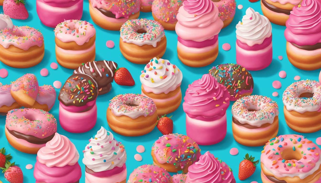 A colorful array of 13 strawberry frosted Dunkin' Doughnuts arranged in a row, each with a different level of frosting and sprinkles