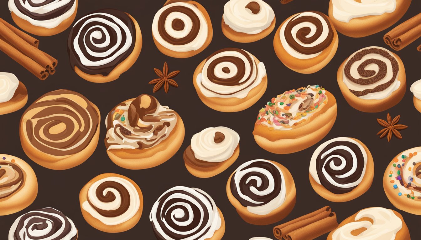 A table with 13 different cinnamon rolls from Dunkin' Doughnuts, each with a unique appearance and varying levels of frosting and cinnamon swirls