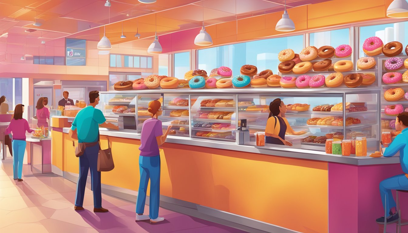 A bustling Dunkin' store with a colorful array of donuts and beverages, customers chatting and enjoying their treats in a vibrant, international setting