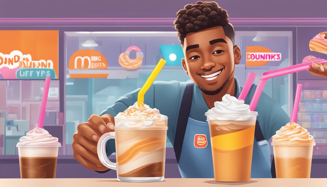 A barista pouring a refreshing Coffee Coolatta into a clear cup, surrounded by colorful straws and a backdrop of Dunkin' Donuts branding