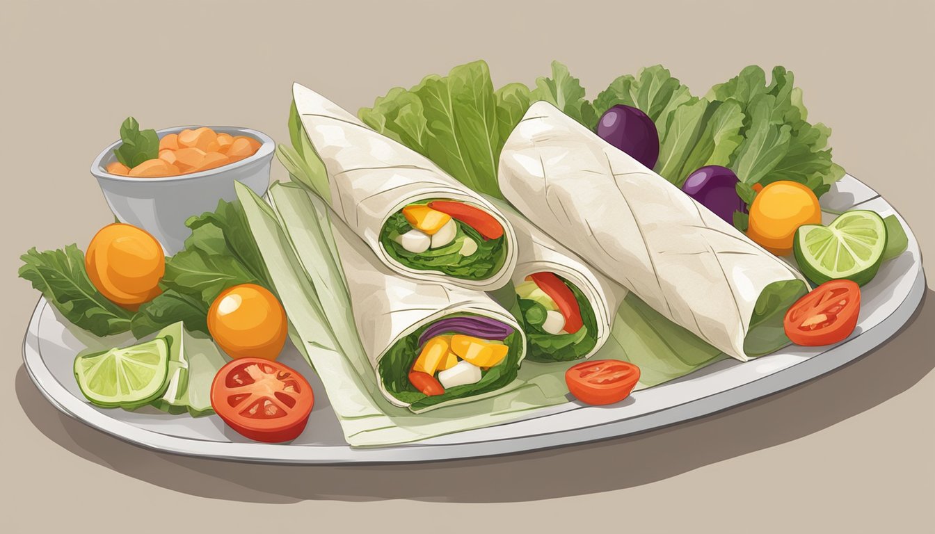 A colorful array of fresh vegetables and egg white wraps arranged on a sustainable, eco-friendly serving platter