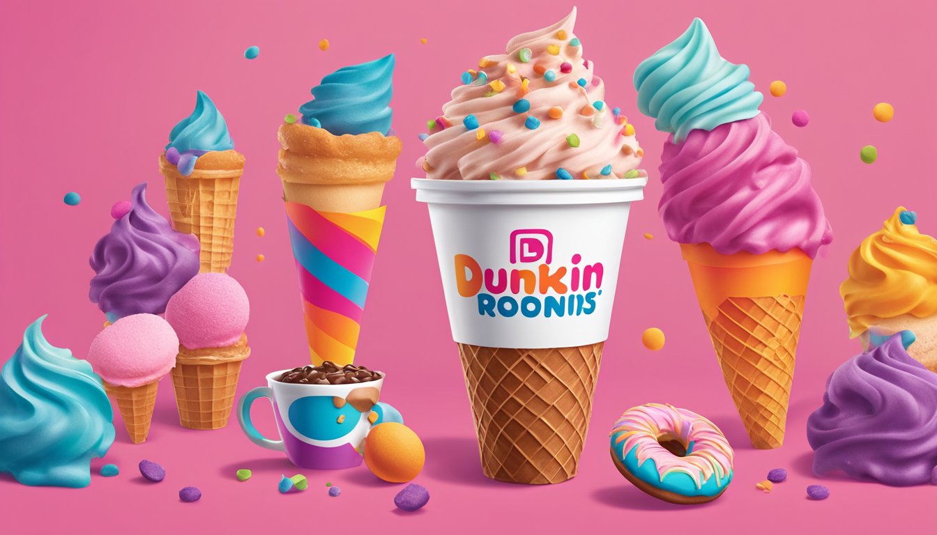 A colorful Baskin-Robbins ice cream cone merging with a Dunkin' Donuts coffee cup, surrounded by 20 playful and surprising symbols representing fun facts about the brand