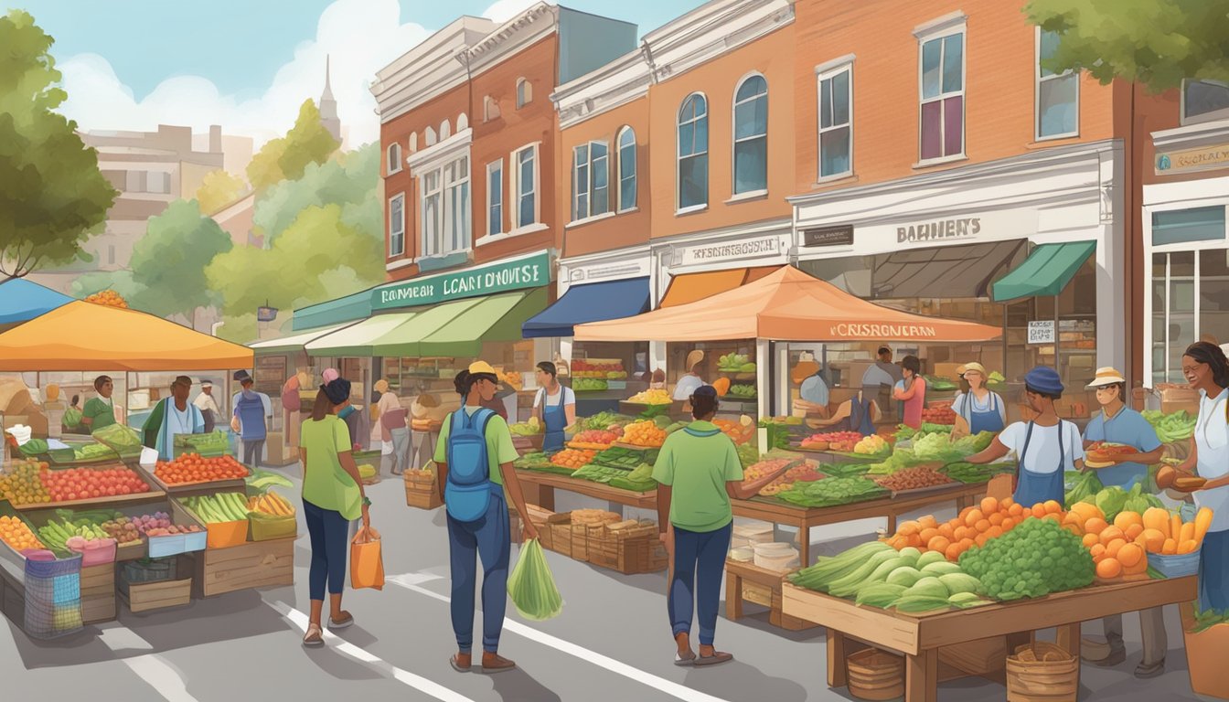 A bustling farmers market with colorful produce and vendors, a sign reading "Locally Sourced Ingredients," and a Dunkin' Donuts storefront with eco-friendly packaging