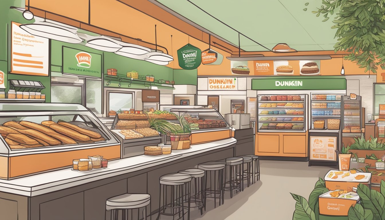 A bustling Dunkin' store with a variety of breakfast items packaged in compostable containers, surrounded by greenery and eco-friendly messaging