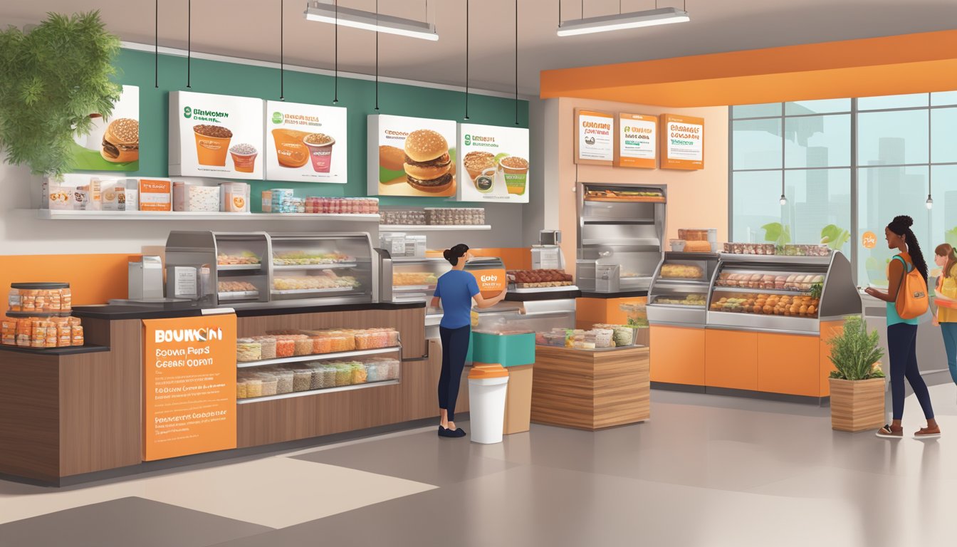 A bustling Dunkin' store with compostable packaging, reusable cups, and a variety of plant-based breakfast options. Eco-friendly signage and recycling bins are prominently displayed