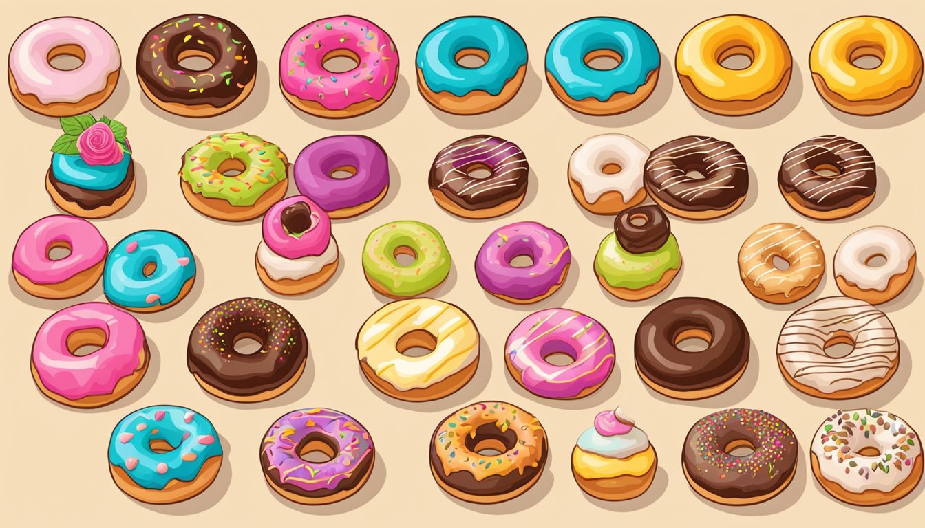 A colorful display of 13 doughnuts arranged in a row, varying in size, shape, and toppings, with each one labeled with a different ranking