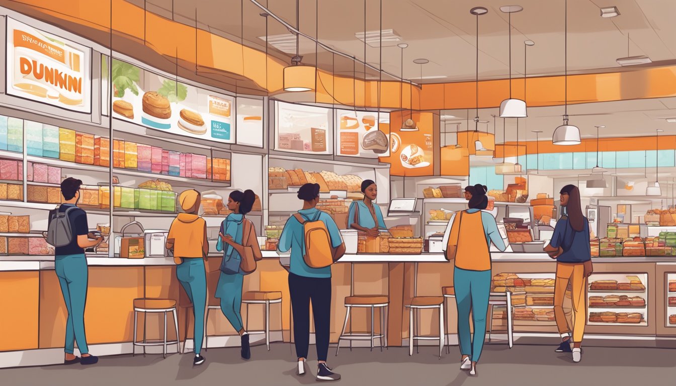 A bustling Dunkin' store with customers enjoying their breakfast, surrounded by eco-friendly packaging and innovative sustainability initiatives