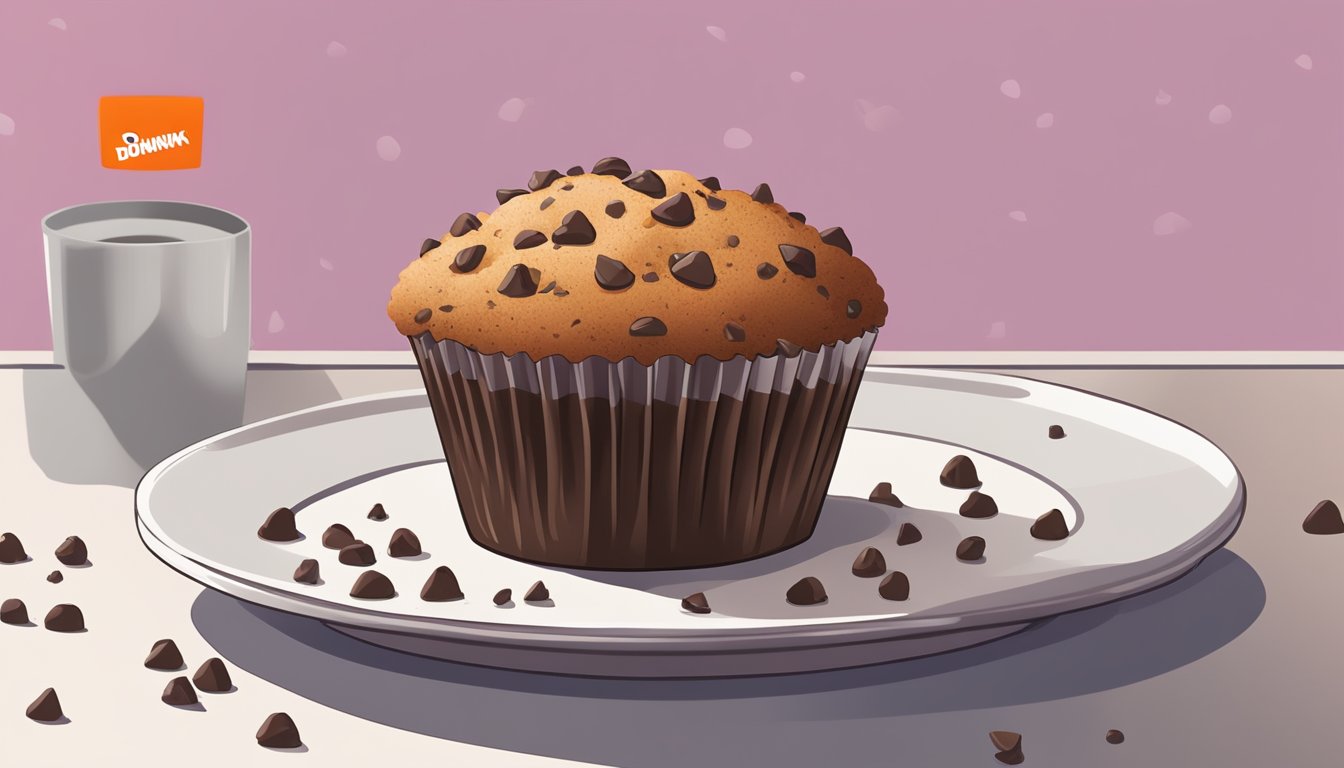 A chocolate chip muffin sits on a white plate, surrounded by crumbs. A Dunkin' Donuts logo is faintly visible in the background