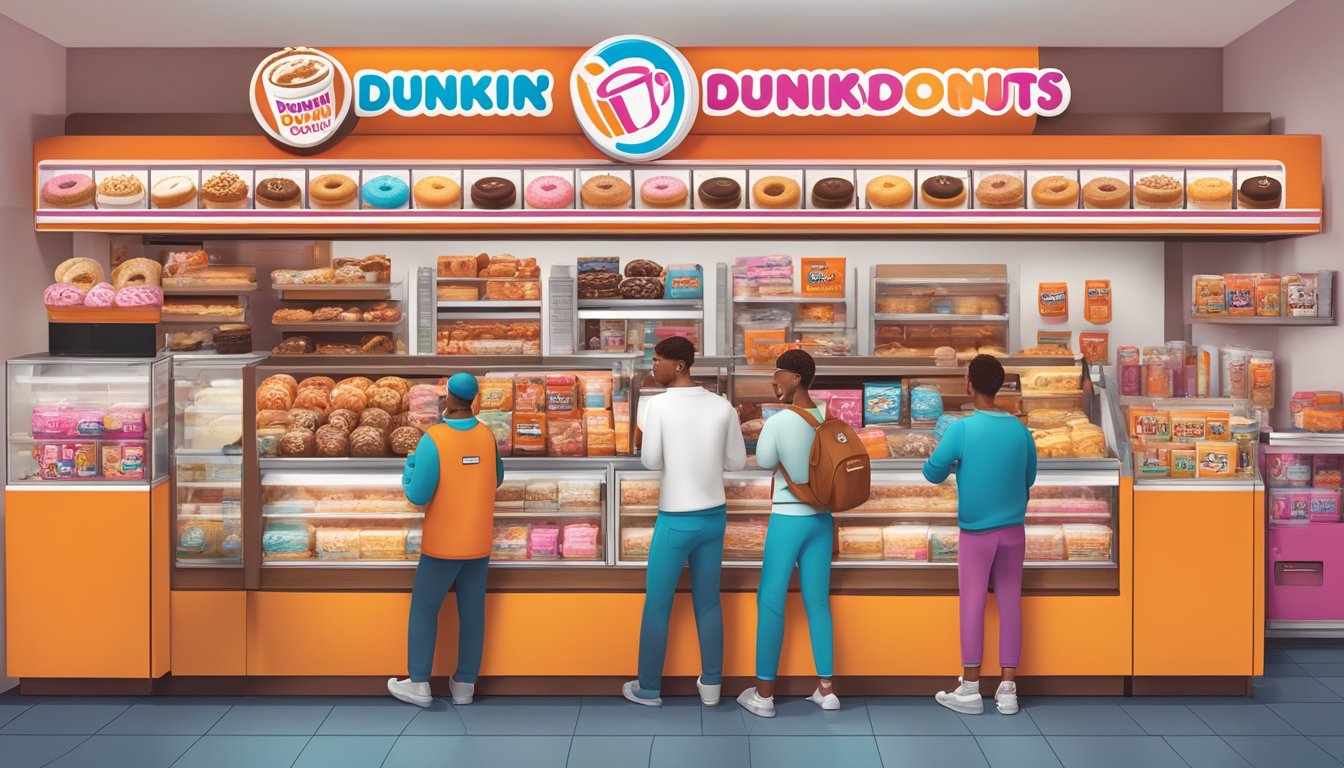 A colorful display of Dunkin' Donuts products, including the iconic Dunkaccino, surrounded by nostalgic memorabilia and happy customers