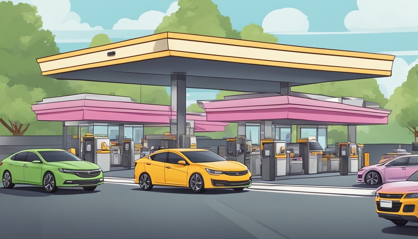 A line of cars swiftly moving through a well-organized drive-thru with multiple order stations and efficient staff