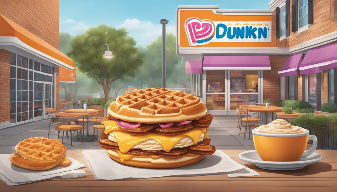 A mouthwatering waffle breakfast sandwich surrounded by other discontinued Dunkin' items, with a nostalgic and longing atmosphere