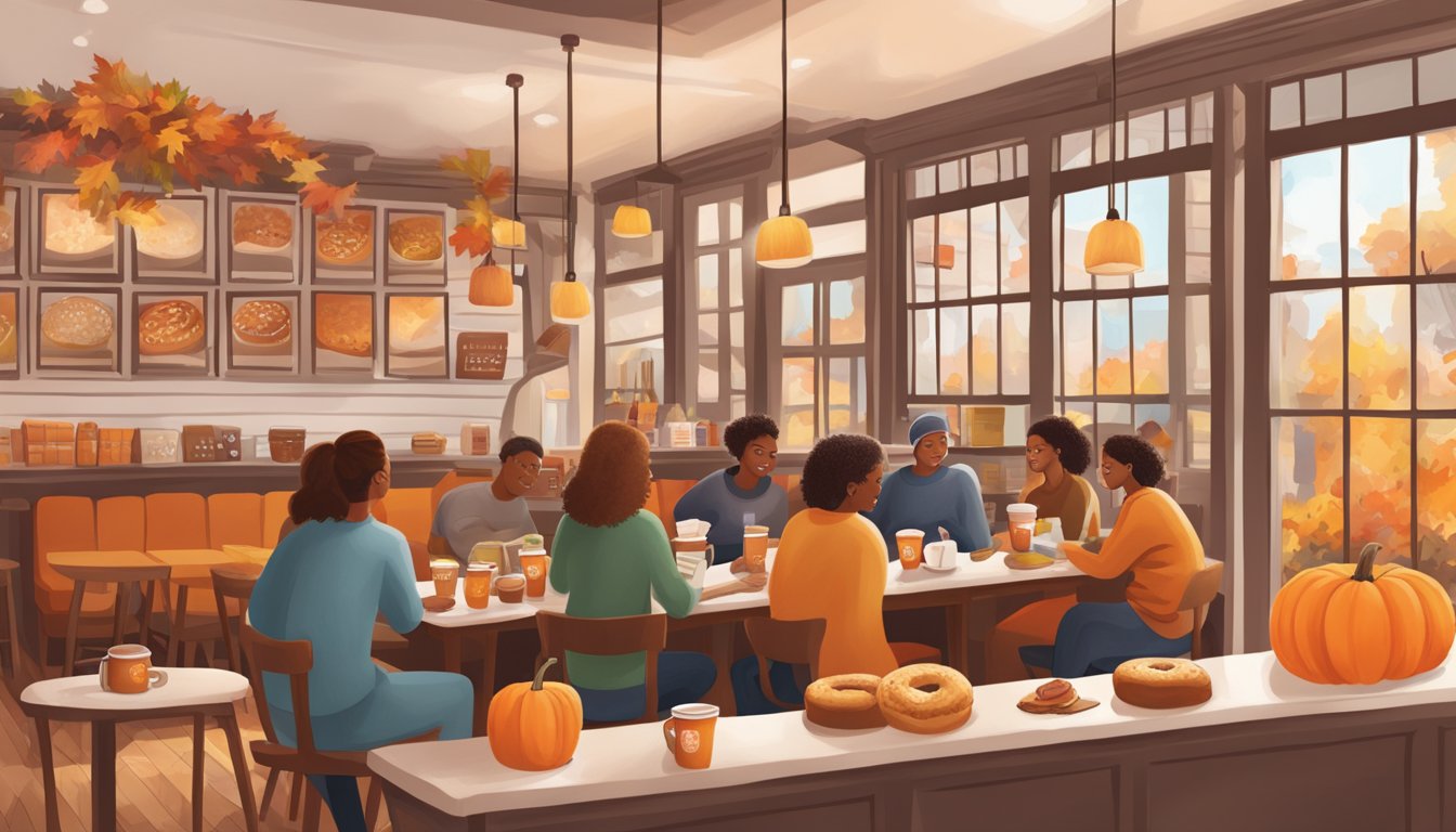 A cozy coffee shop with fall decor, filled with people enjoying pumpkin spice lattes and Dunkin' Donuts treats