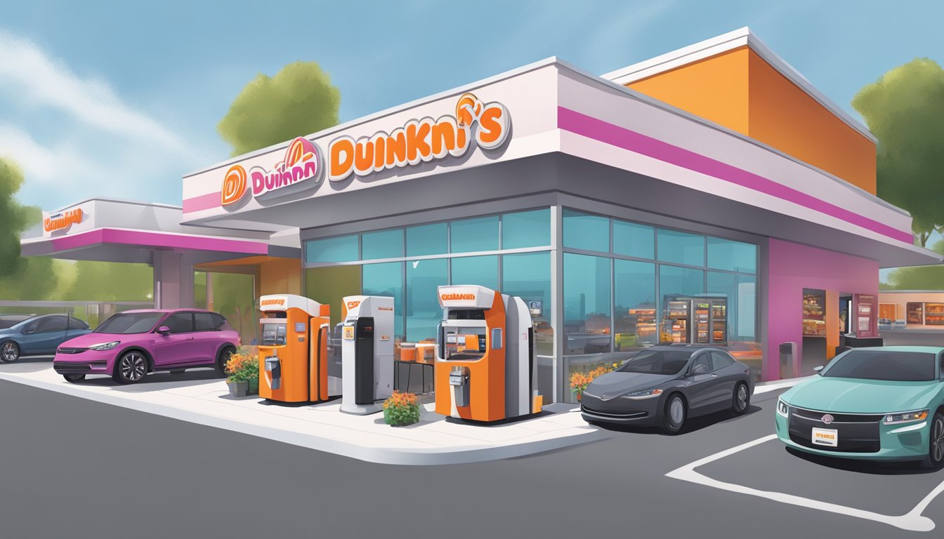 A line of sleek, automated beverage machines buzz with activity as cars swiftly move through Dunkin's drive-thru