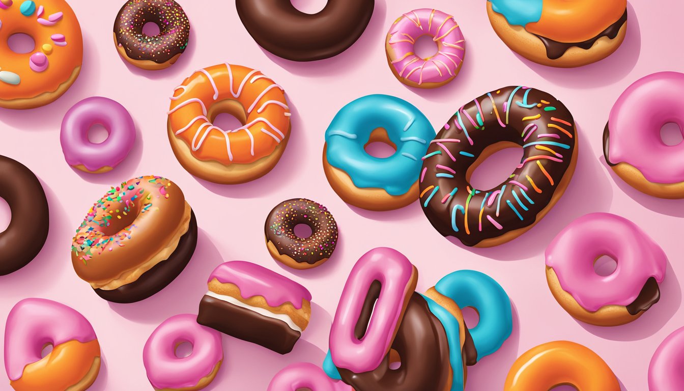 A colorful display of double chocolate donuts surrounded by Dunkin' Donuts branded items and iconic pink and orange colors