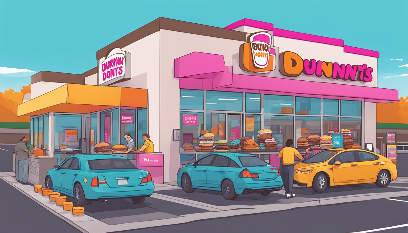 A busy Dunkin' Donuts drive-thru with cars lined up, a colorful sign, and a friendly employee handing out orders