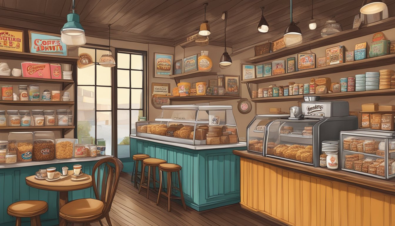 A cozy coffee shop with vintage decor, shelves lined with old Dunkin' Donuts memorabilia, and a display of nostalgic discontinued items like the Toffee for Your Coffee 11