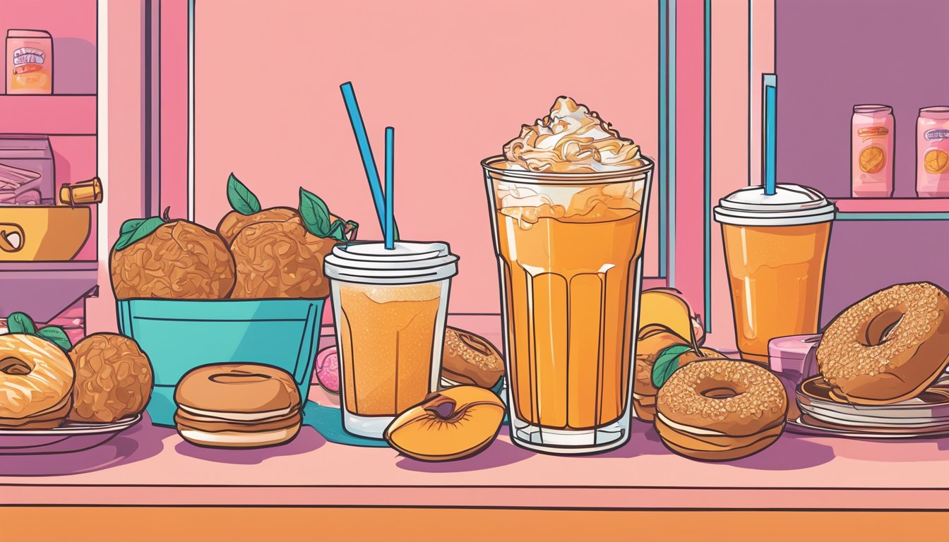 A glass of peach iced tea surrounded by nostalgic Dunkin' Donuts items no longer available