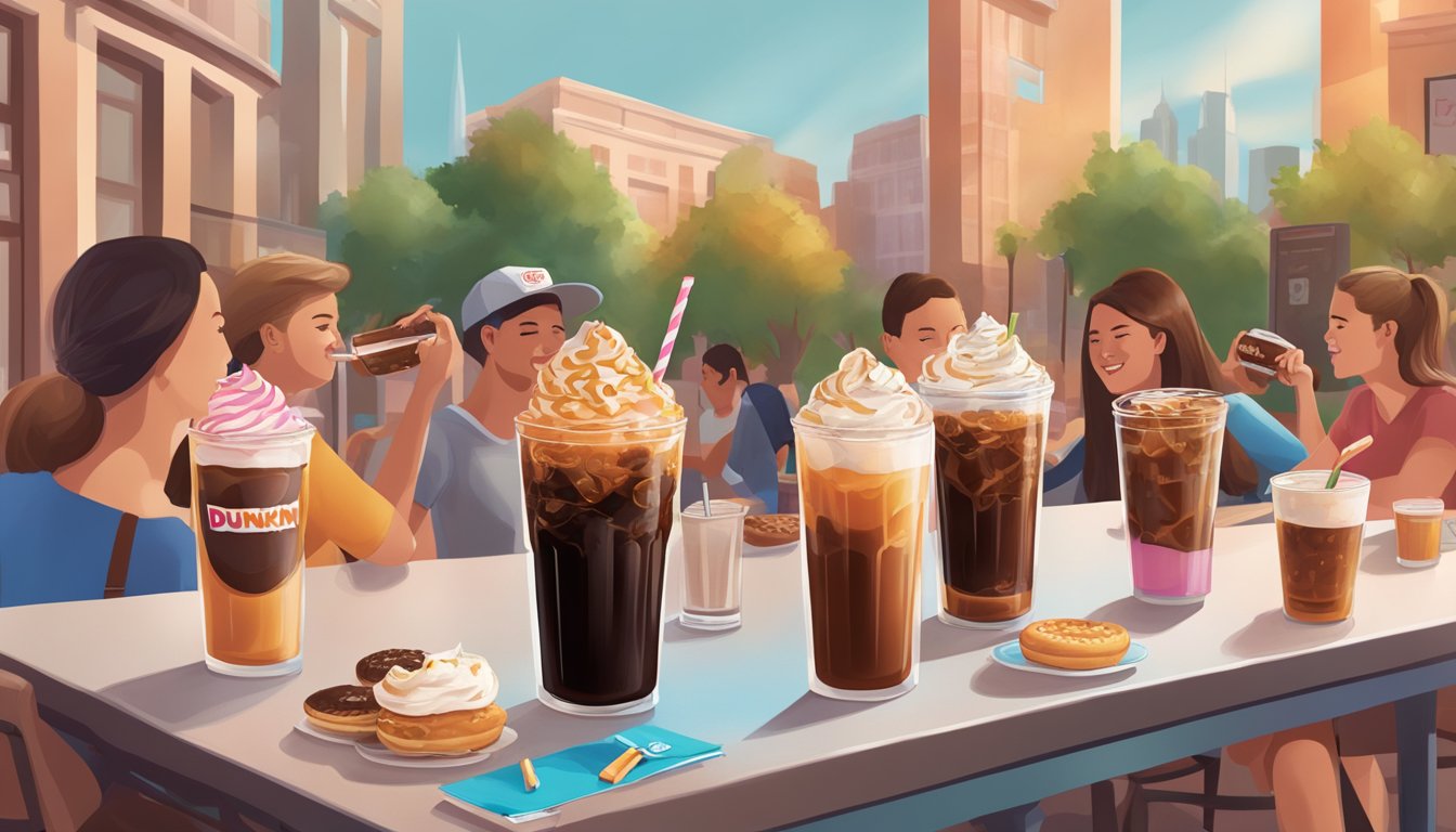 A table with a variety of Dunkin' Donuts cold brew drinks, surrounded by devoted fans enjoying their favorite beverages