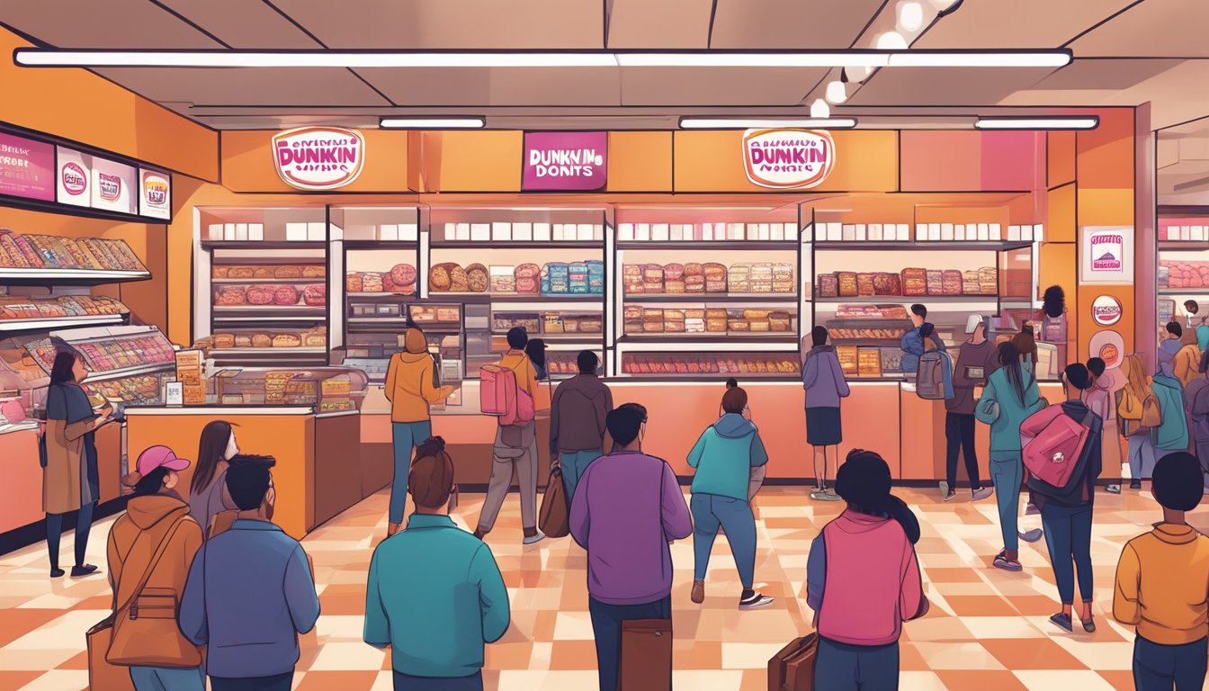 A crowded Dunkin' Donuts store with a line of customers eagerly holding their loyalty cards, surrounded by iconic Dunkin' branding and merchandise