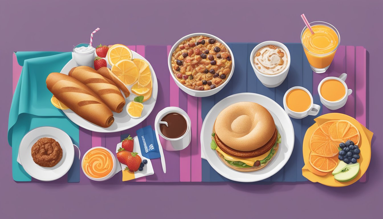 A breakfast table with a variety of Dunkin' breakfast options, including a Turkey Sausage Wake-Up Wrap, displayed on colorful plates and surrounded by fresh fruits and beverages