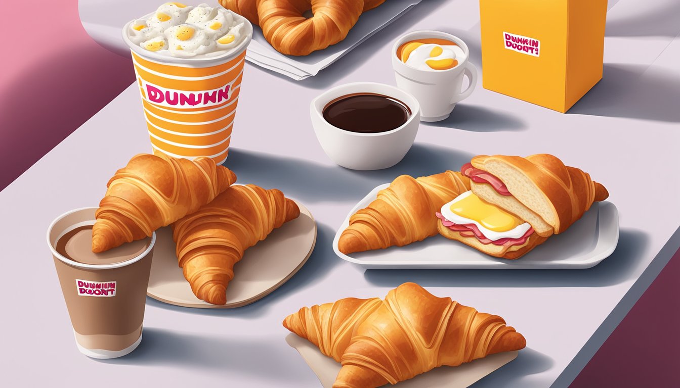 A steaming bacon, egg, and cheese croissant sits on a Dunkin' Donuts table surrounded by iconic brand elements