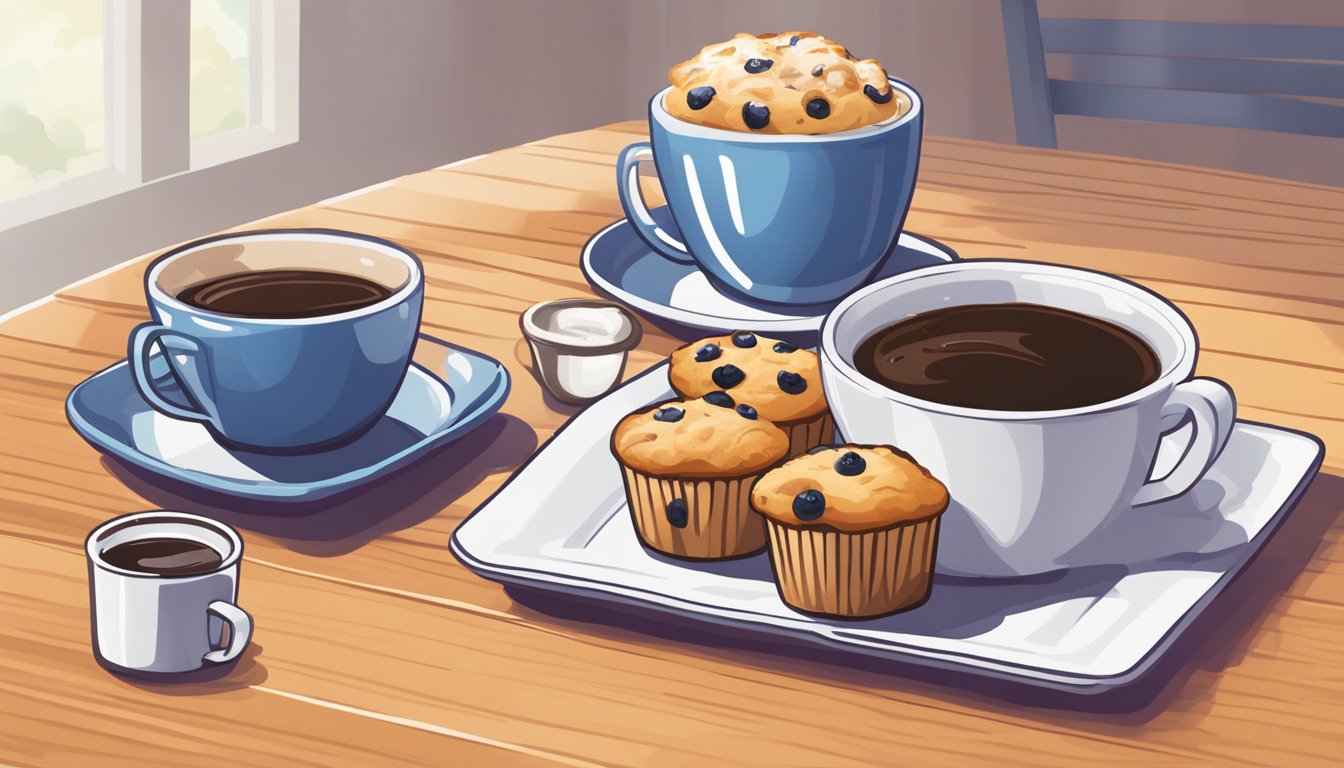 A table with a plate of blueberry muffins, a steaming cup of coffee, and a Dunkin' Donuts logo mug