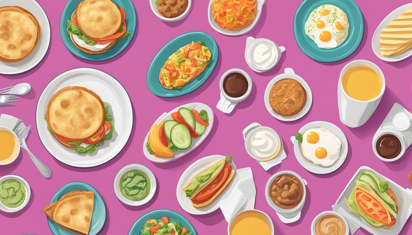 A colorful plate with a veggie egg white omelet surrounded by 8 different Dunkin' breakfast options for different dietary needs