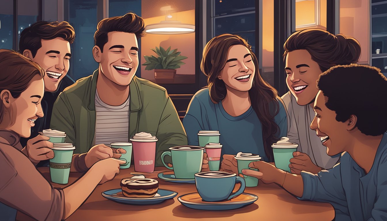 A group of friends gathered around a table, sipping on steaming cups of dark roast coffee from Dunkin' Donuts, laughing and sharing stories late into the night