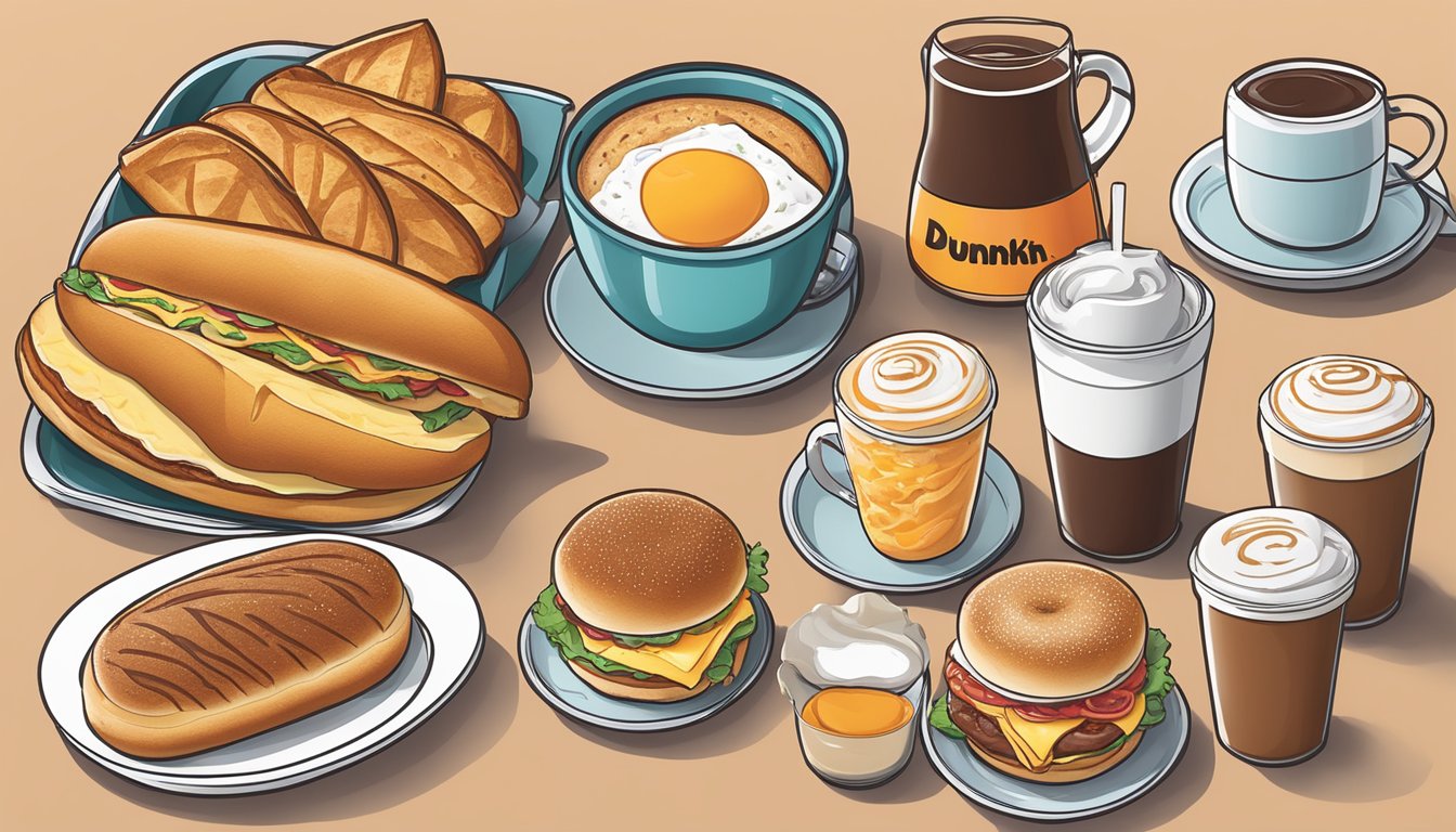 A table set with a variety of Dunkin' breakfast options, including a sourdough breakfast sandwich, with options for different dietary needs