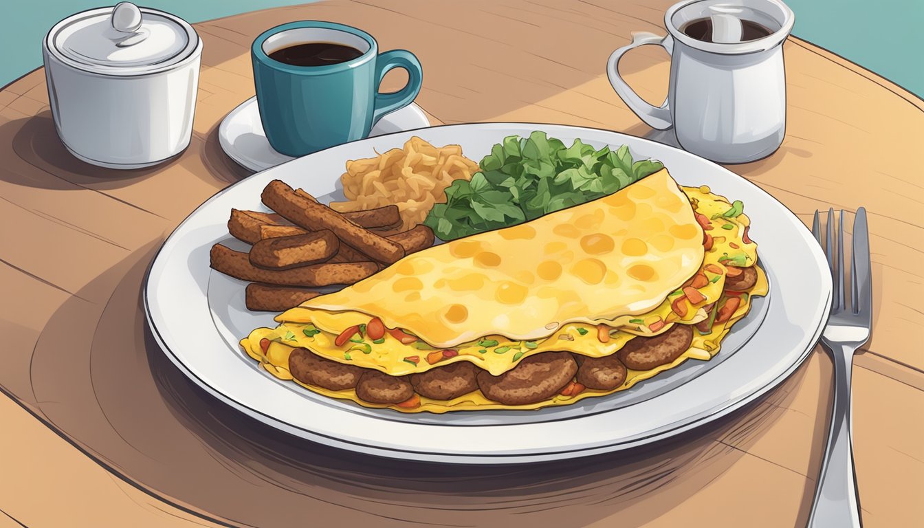 A colorful omelet filled with sausage, peppers, onions, and cheese, served on a plate with a side of crispy hash browns and a steaming cup of coffee