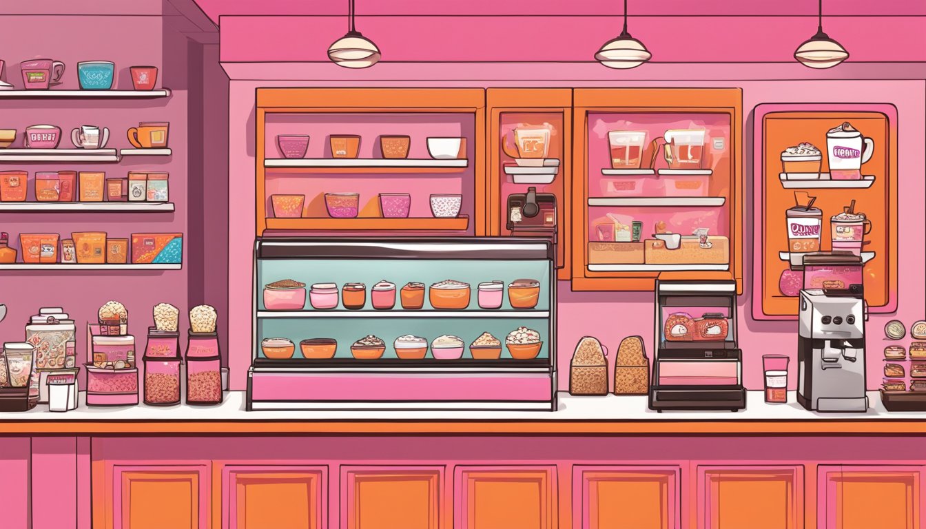 A cozy coffee shop with a vibrant orange and pink color scheme, featuring a counter with various creamer options and a display of Dunkin' Donuts memorabilia