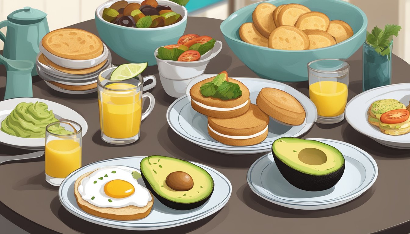 A plate with an avocado and toasted English muffin, surrounded by various breakfast options