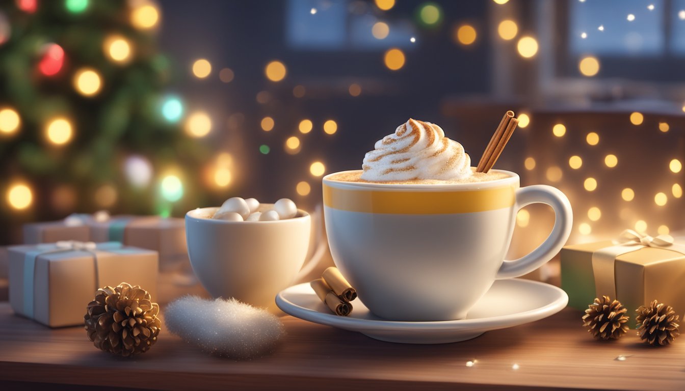 A festive mug of eggnog latte sits on a cozy table, surrounded by holiday decorations and twinkling lights