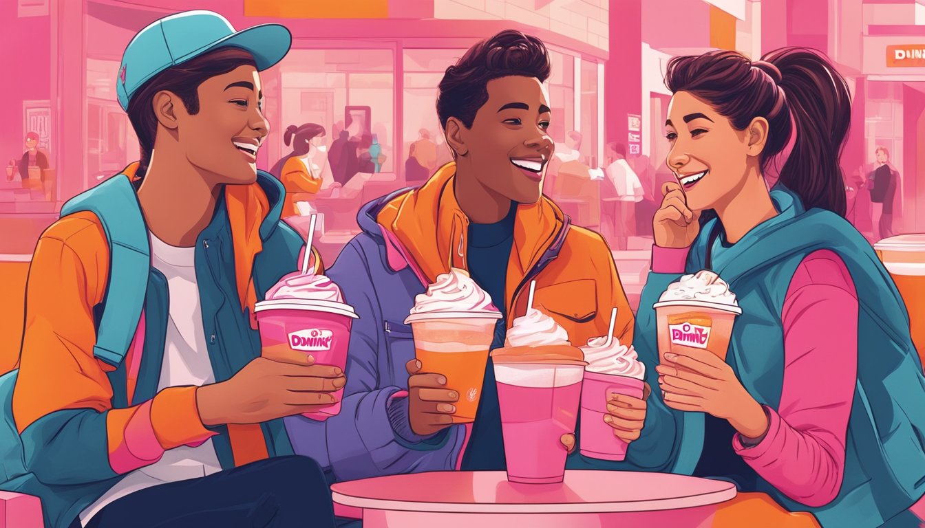 A group of friends enjoying frozen coffee at a Dunkin' Donuts, surrounded by iconic pink and orange branding