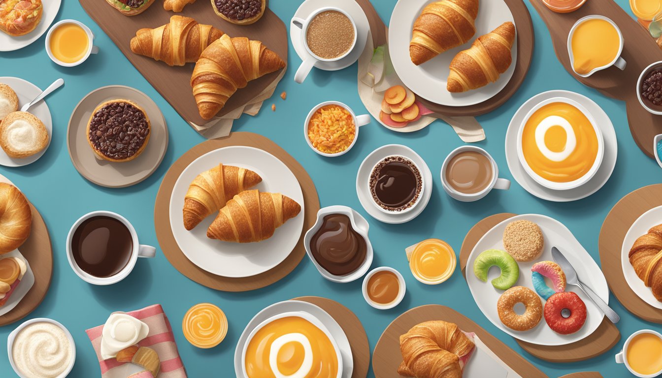 A breakfast table with a variety of Dunkin' breakfast options, including a multigrain thin croissant, arranged to cater to different dietary needs