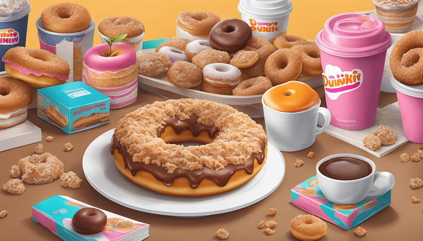 A mouthwatering apple crumb donut surrounded by nostalgic Dunkin' items, creating a sense of longing for their return